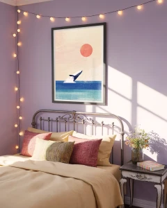Wieloryb - zachód słońca nad oceanem - aranżacja plakatu w sypialni nad łóżkiem