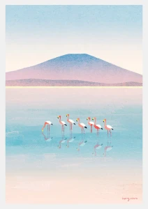 Flamingi - odbicie w jeziorze - plakat