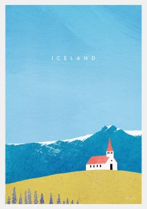 Islandia - kościół Reyniskirkja z czerwonym dachem - plakat