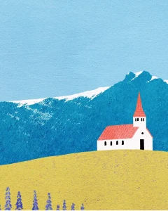 Islandia - kościół Reyniskirkja z czerwonym dachem - szczegół plakatu