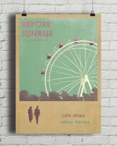 Przed wschodem słońca / Before Sunrise - aranżacja plakatu na ceglanej, białej ścianie