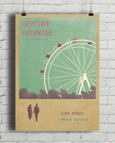 Przed wschodem słońca / Before Sunrise - aranżacja plakatu na ceglanej, białej ścianie