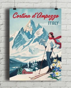 Cortina d’Ampezzo Włochy - aranżacja plakatu na ceglanej, białej ścianie
