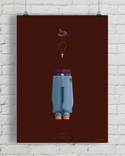 2Pac / Tupac Shakur - aranżacja plakatu na ceglanej, białej ścianie