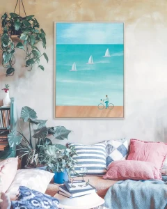 Nad morzem - rower i żagle - aranżacja plakatu w pokoju na ścianie