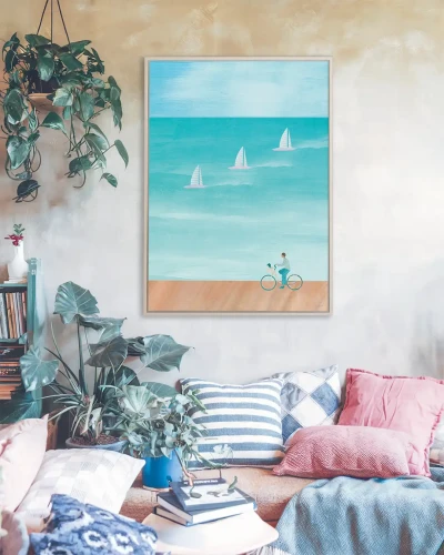 Nad morzem - rower i żagle - aranżacja plakatu w pokoju na ścianie