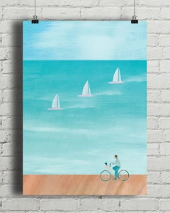 Nad morzem - rower i żagle - aranżacja plakatu na ceglanej ścianie