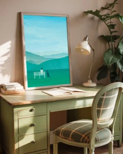 Góry - zielona łąka i górska panorama - aranżacja plakatu stojącego na biurku w ramce