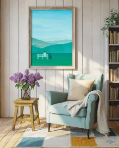 Góry - zielona łąka i górska panorama - aranżacja plakatu w pokoju z fotelem