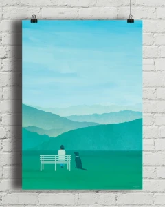 Góry - zielona łąka i górska panorama - aranżacja plakatu na ceglanej ścianie