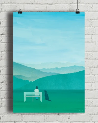 Góry - zielona łąka i górska panorama - aranżacja plakatu na ceglanej ścianie