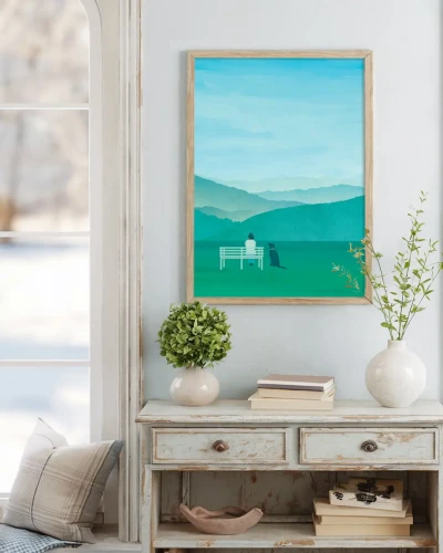 Góry - zielona łąka i górska panorama - aranżacja plakatu nad drewnianą szafką