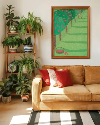 Lato w sadzie - aranżacja plakatu w pokoju nad miodową kanapą