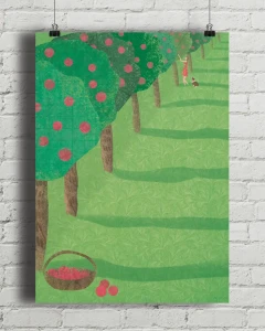 Lato w sadzie - aranżacja plakatu na ceglanej ścianie