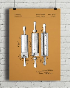 Wałek do ciasta patent - aranżacja plakatu na ceglanej ścianie