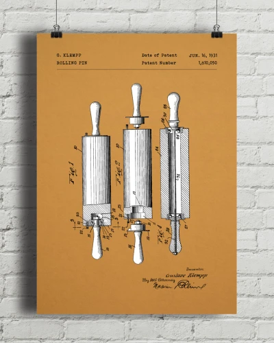 Wałek do ciasta patent - aranżacja plakatu na ceglanej ścianie