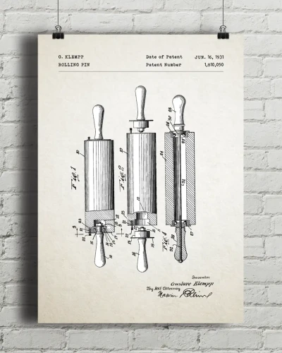 Wałek do ciasta patent - aranżacja plakatu na ceglanej ścianie