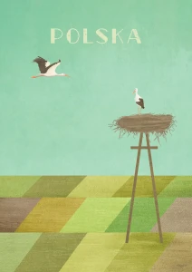Polska - bociany nad polami - plakat