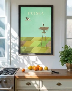 Polska - bociany nad polami - aranżacja plakatu na ścianie w kuchni