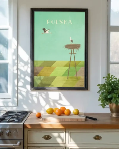 Polska - bociany nad polami - aranżacja plakatu na ścianie w kuchni