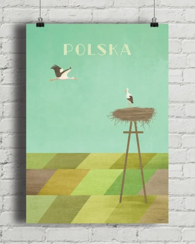 Polska - bociany nad polami - aranżacja plakatu na ceglanej ścianie