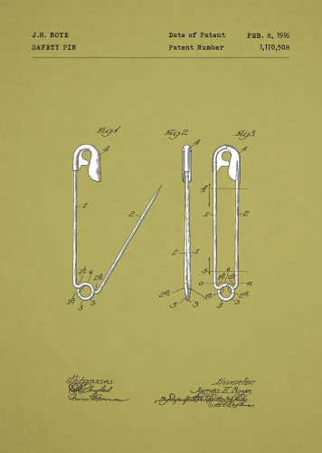 Agrafka patent - plakat z rysunkiem technicznym na zielonym tle
