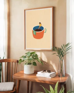 Pierwszy łyk espresso - aranżacja plakatu w pokoju z kwiatami
