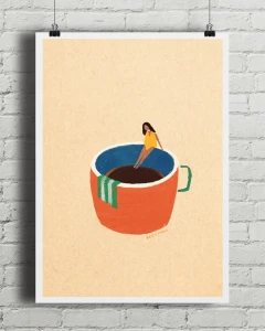 Pierwszy łyk espresso - aranżacja plakatu na ceglanej ścianie