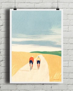Rowerowa przyjaźń - aranżacja plakatu na ceglanej ścianie