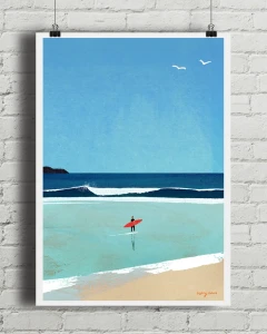Poranny surfing - aranżacja plakatu na ceglanej ścianie