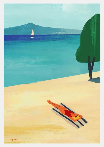Słoneczna kąpiel - plakat z plażą