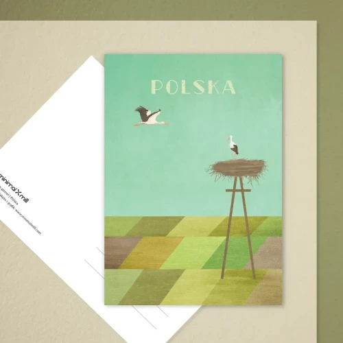 Polska - bociany nad polami - pocztówka