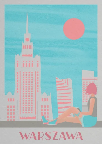 Warszawa - panorama miasta i Pałac Kultury - plakat