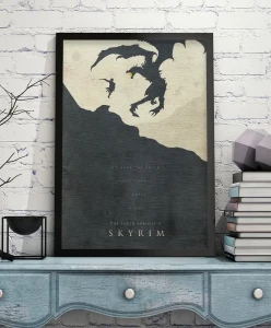 Skyrim - aranżacja plakatu na niebieskiej szafce