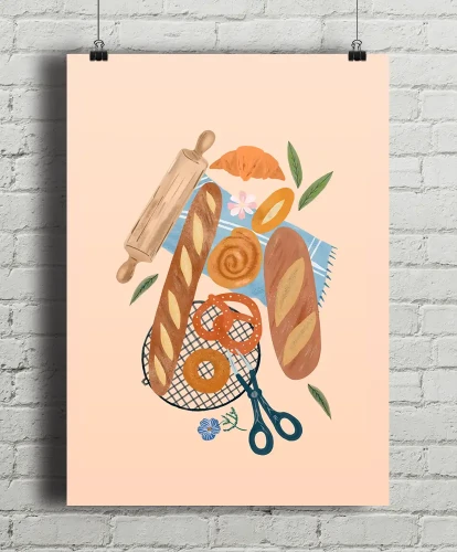 Chrupiące bagietki / Baguettes - aranżacja plakatu na ceglanej ścianie