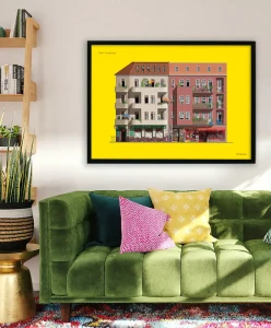 Berlin Niemcy - aranżacja plakatu nad zieloną sofą