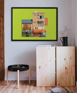 Tokio Japonia - aranżacja plakatu nad drewnianą szafką