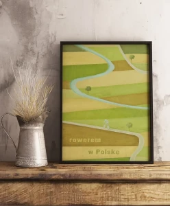 Rowerem w Polskę - aranżacja plakatu na drewnianej półce