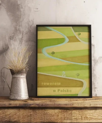Rowerem w Polskę - aranżacja plakatu na drewnianej półce